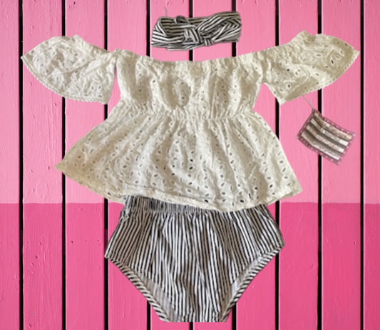 3 piece lace and black and white striped outfit-Head Band included